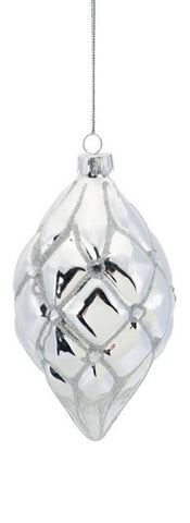 Shiny Silver Diamond Pattern Glittered Glass Teardrop Christmas Ornaments 5"