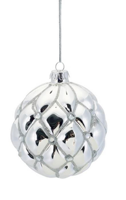 Shiny Silver Diamond Pattern Glittered Glass Ball Christmas Ornament 4"