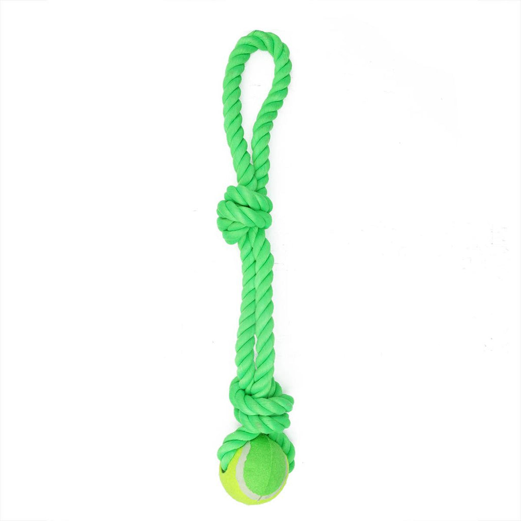 Neon Green Ropie with Knotted Tennis Ball and Handle Durable Puppy Dog Chew Toy