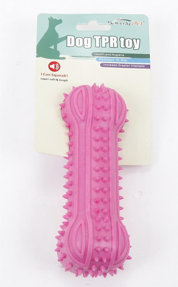 Cerise Pink TPR Rubber Spiked Bone Puppy Dog Dental Health Squeaker Chew Toy