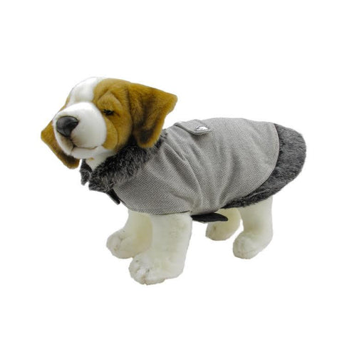 Gray Herringbone Design Fashion Dog Jacket with Faux Fur Trim - Medium