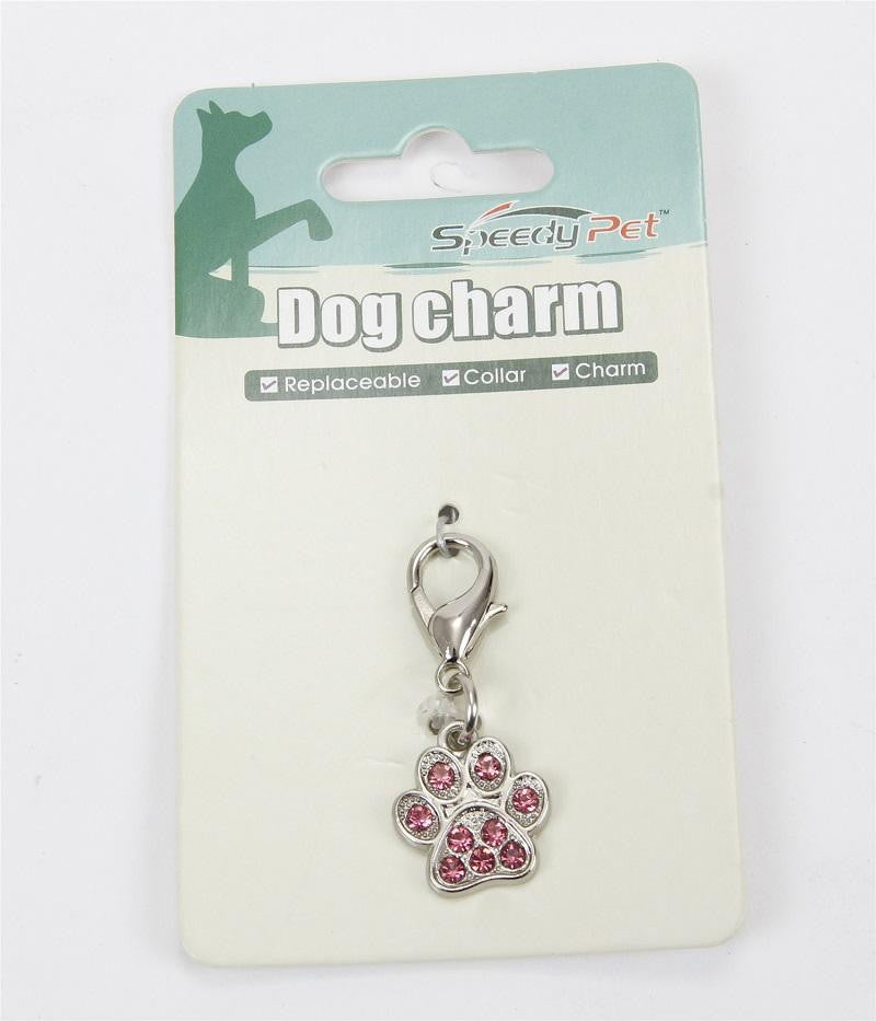 1.75" Silver Paw Print Dog Collar Pendant Charm with Pink Rhinestones