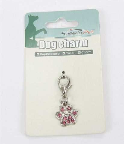 1.75" Silver Paw Print Dog Collar Pendant Charm with Pink Rhinestones