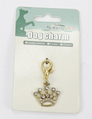 2" Gold Crown Dog Collar Pendant Charm with Clear Rhinestones