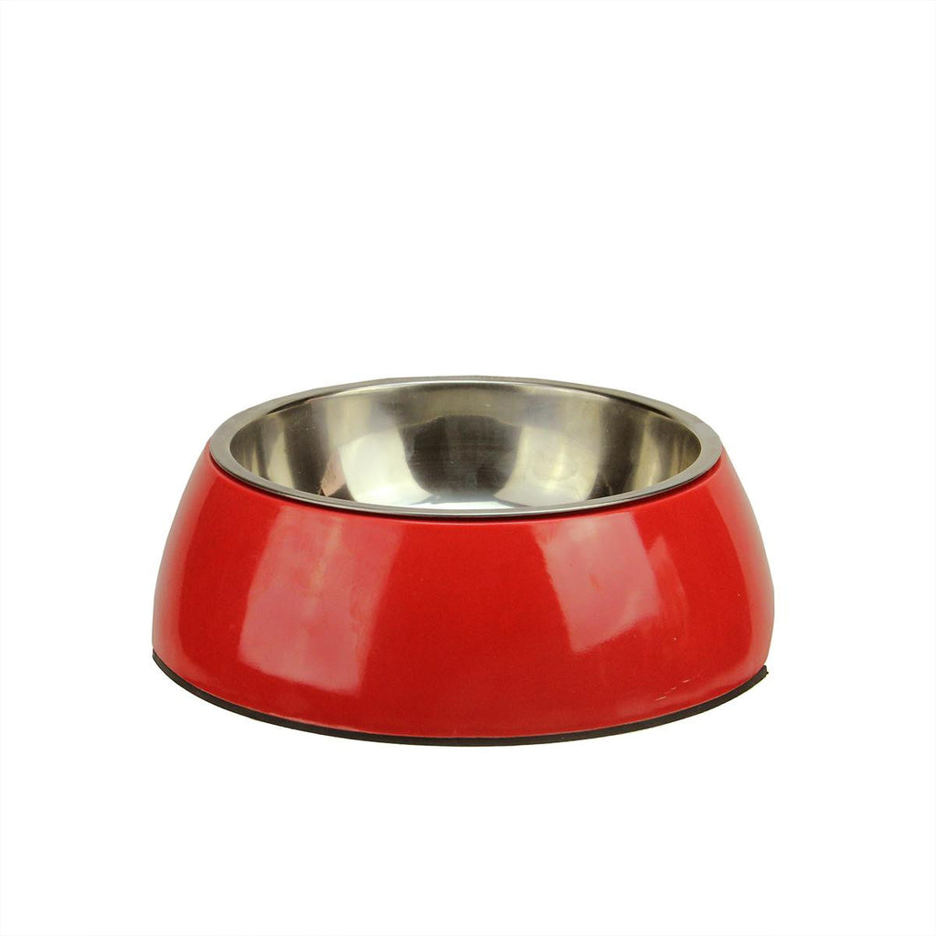 8.5" Bright Red Melamine and Stainless Steel Puppy Dog Feeding or Water Bowl