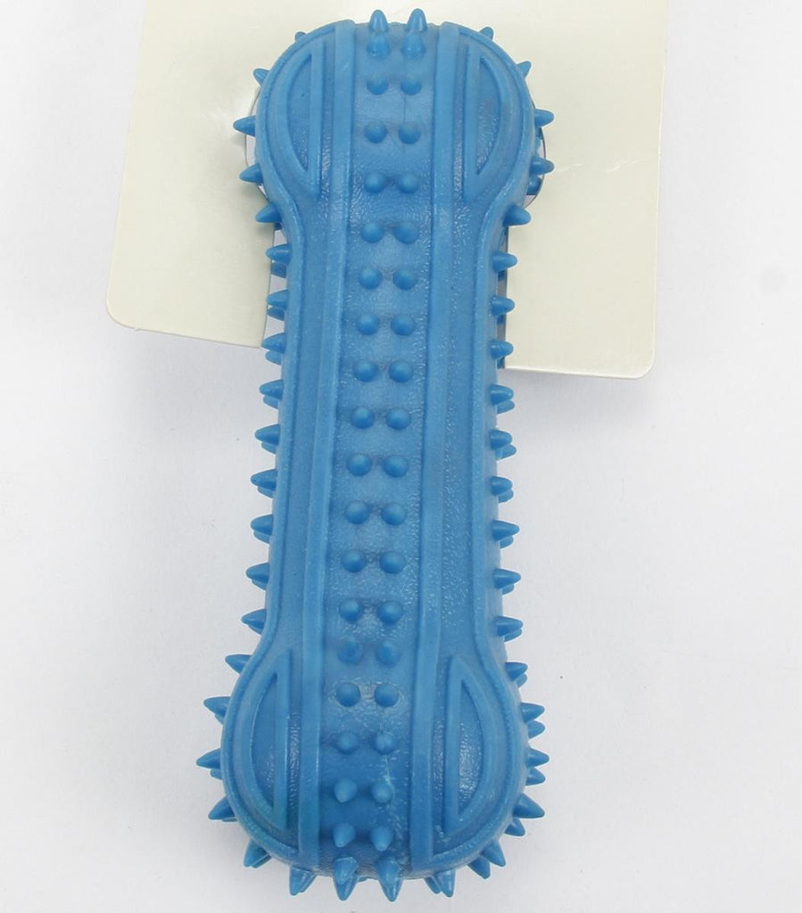 Cerulean Blue TPR Rubber Spiked Bone Puppy Dog Dental Health Squeaker Chew Toy