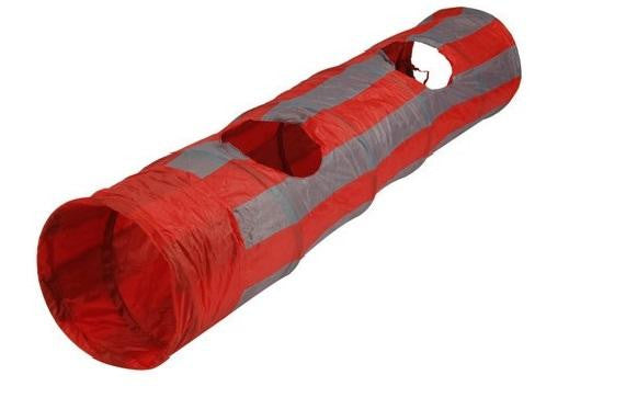 50.25" Cherry Red and Gray Striped Crackling Pop Up Cat Tunnel Play Toy