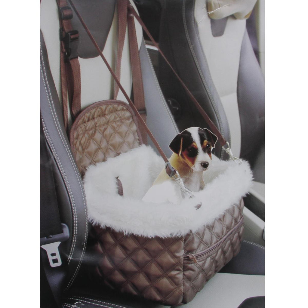 White Faux Fur and Chocolate Brown Diamond Patterned Luxurious Traveling Pet Car Seat