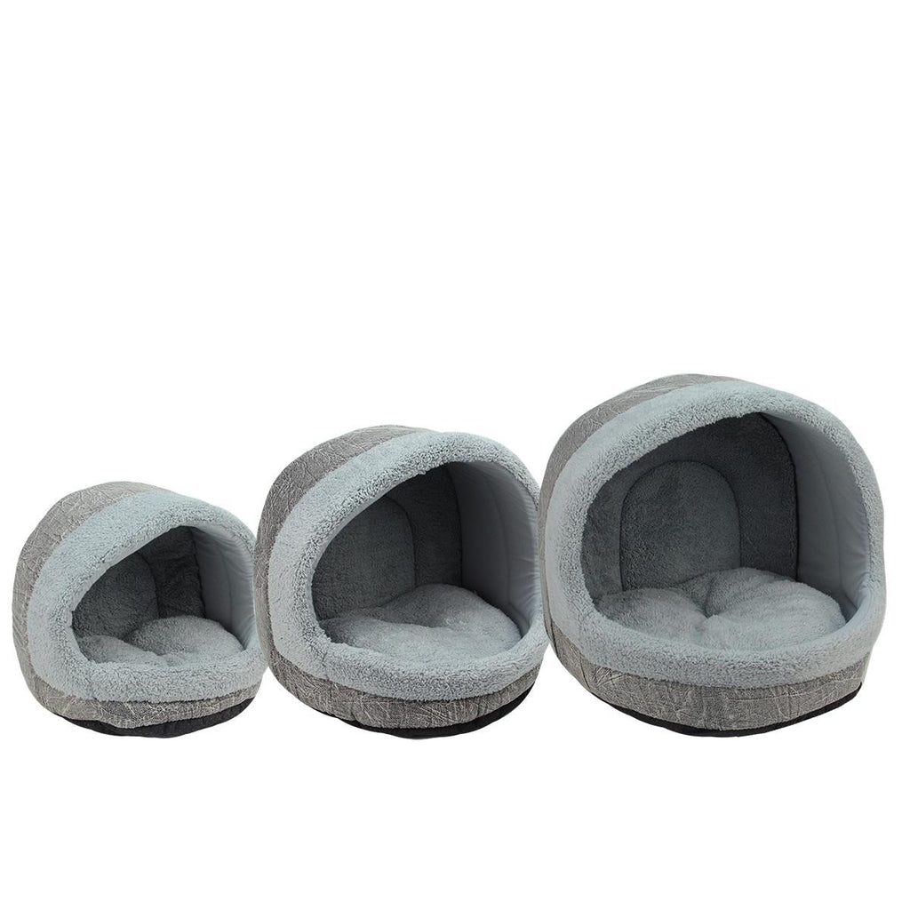 Set of 3 Plush Steel Blue and Distressed Gray Faux Leather Cozy Igloo Pet Beds