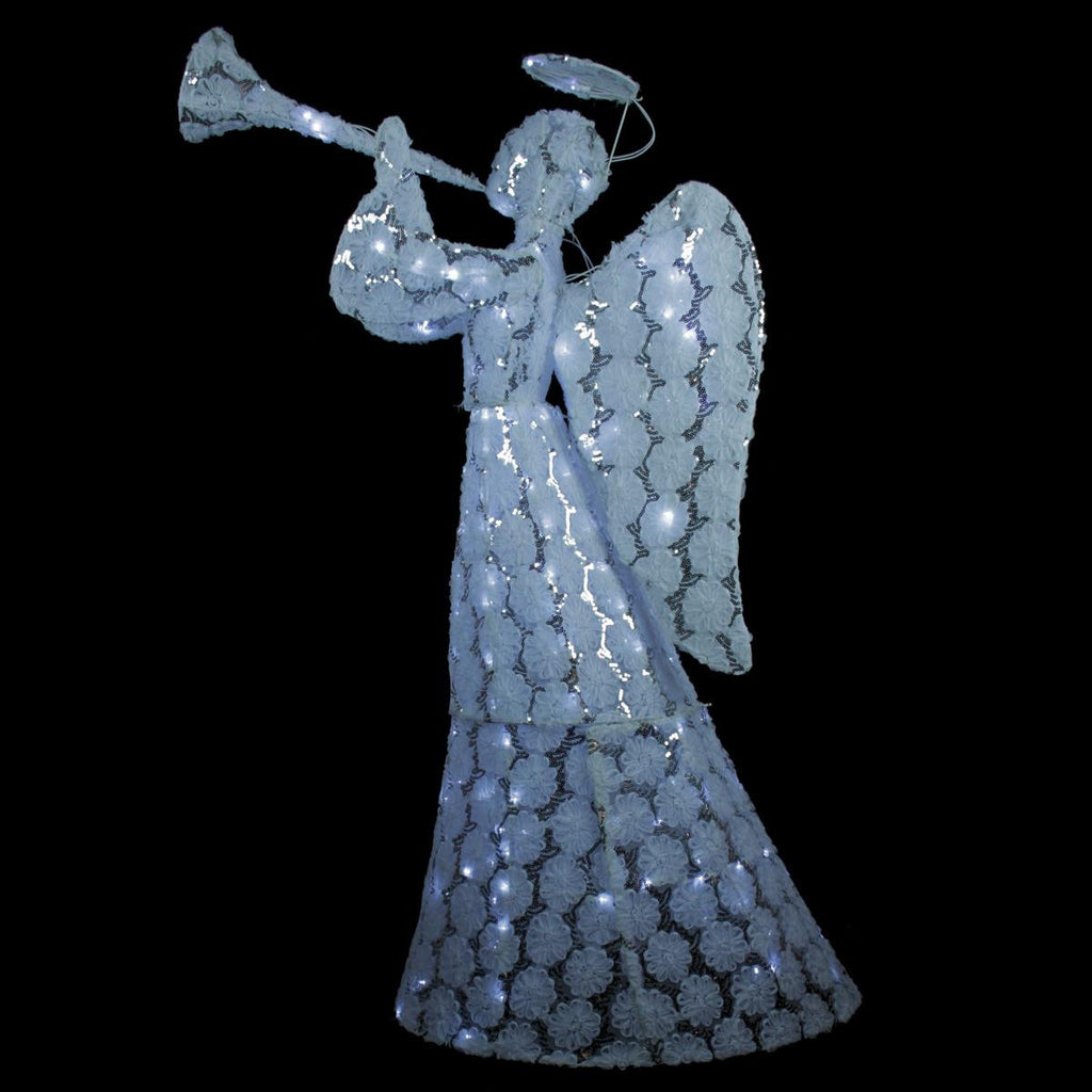 56" Floral Printed Angel with Sequins Holding Trumpet  LED Lighted Christmas Yard Art Decoration