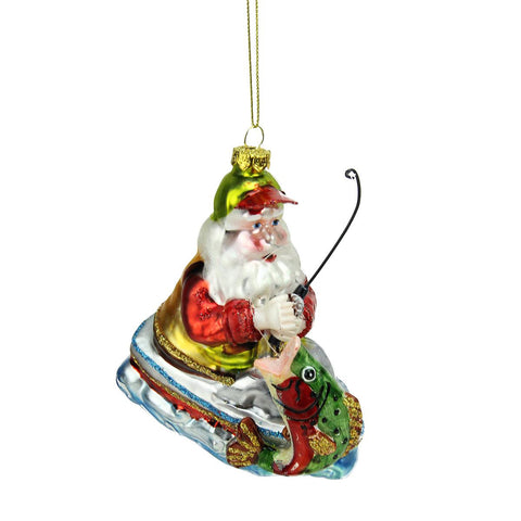 4.5" Catch of the Day Santa Claus Fishing on Boat Glass Christmas Ornament