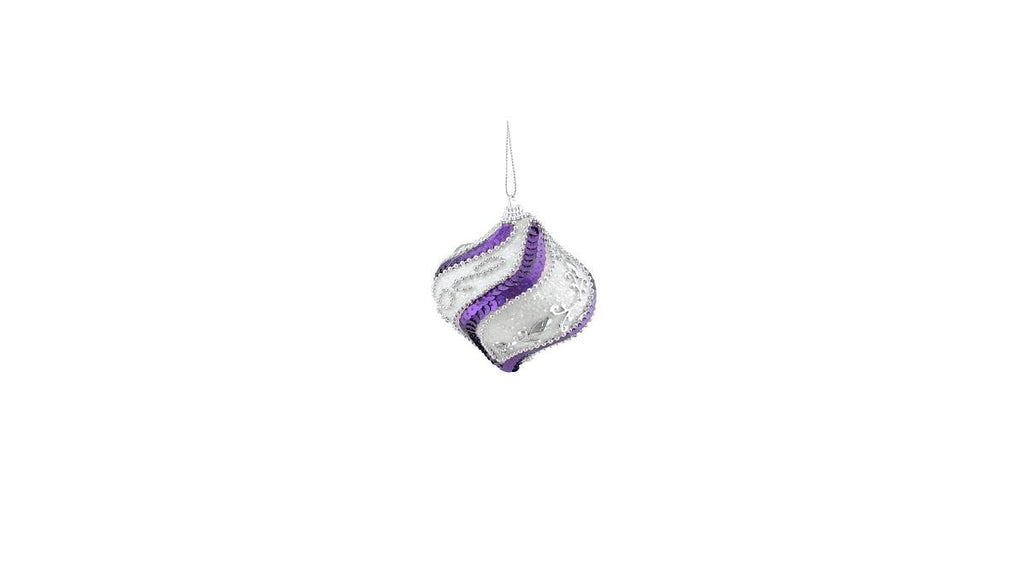 3ct White, Purple Sequined and Silver Beaded Shatterproof Onion Christmas Ornaments 3" (75mm)