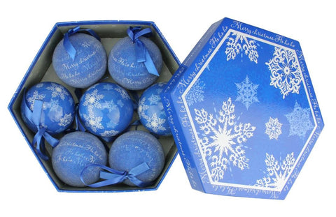 7-Piece Blue and White Decoupage Merry Christmas Snowflake Shatterproof Ball Ornament Set 2.75"