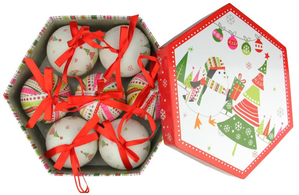 7-Piece Whimsical Red, White and Green Decoupage Shatterproof Christmas Ball Ornament Set 2.75"