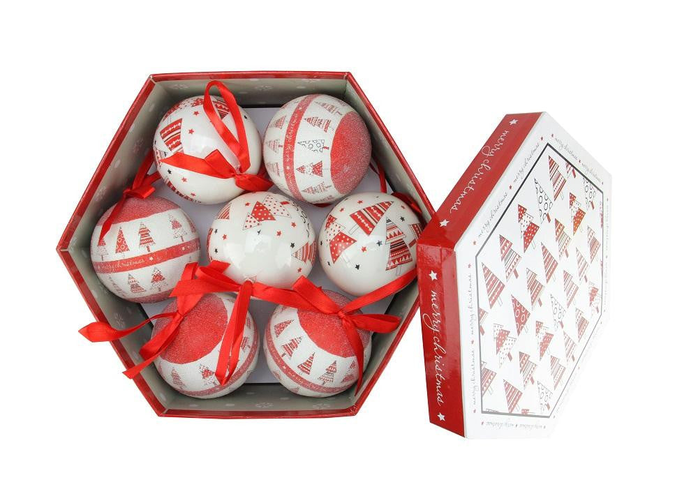 14-Piece Red and White Decoupage Shatterproof Christmas Tree Ball Ornament Set 2.75"