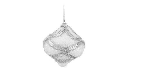 3ct White, Holographic Sequined and Silver Beaded Shatterproof Onion Christmas Ornaments 3" (75mm)