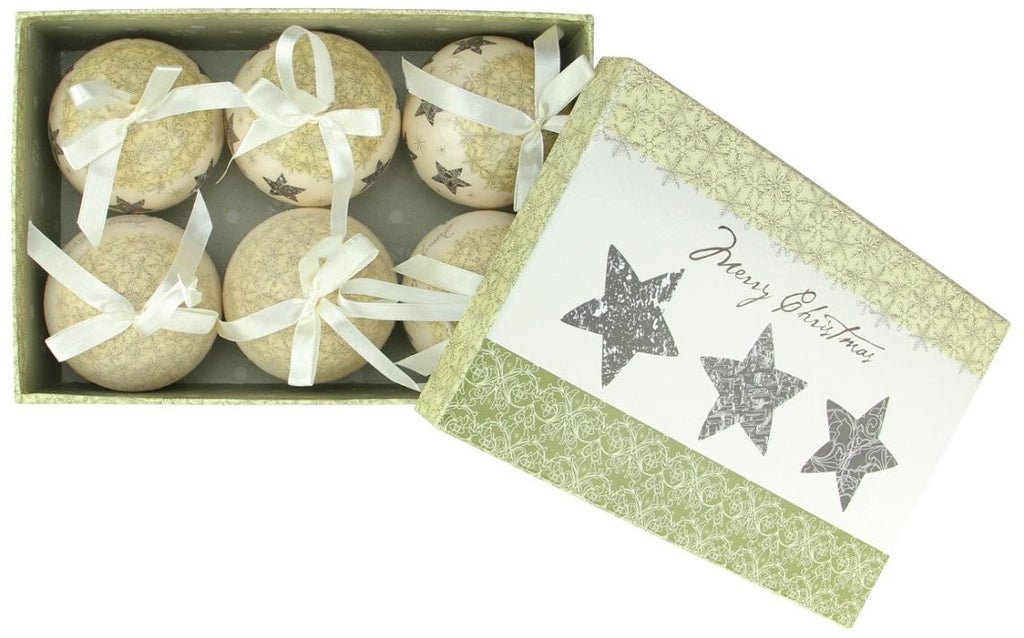 6-Piece Cream White Merry Christmas and Stars Decoupage Shatterproof Ball Ornament Set 2.75"