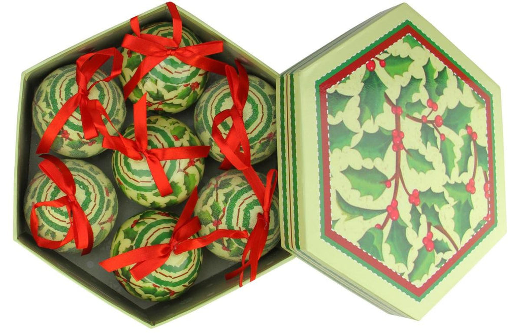 7-Piece Red and Green Holly Berry Decoupage Shatterproof Christmas Ball Ornament Set 2.75"