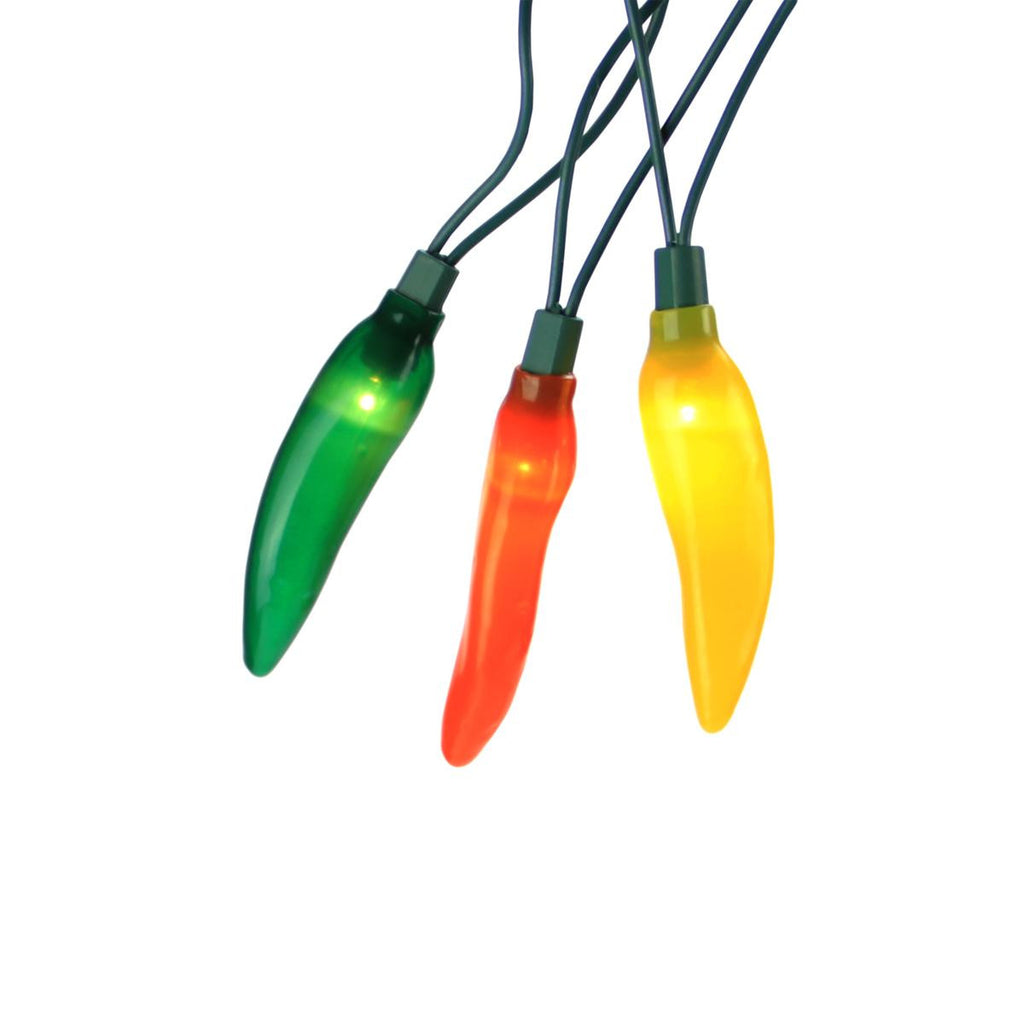 Set of 10 Yellow, Orange & Green LED Chili Pepper Patio & Garden Novelty Christmas Lights-Green Wire