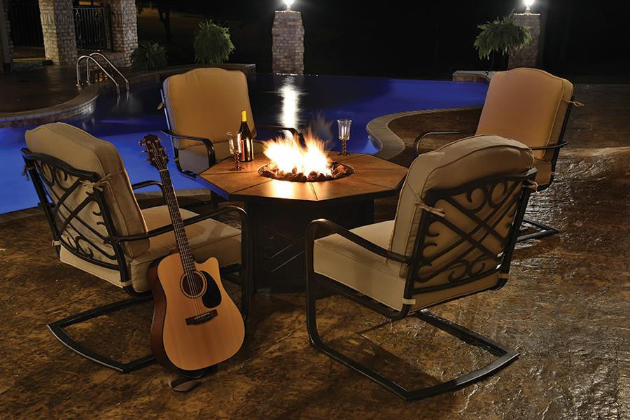 5-Piece Harmony Cast Aluminum Patio Chair and Gas Fire Pit Outdoor Furniture Set - Tan Cushions