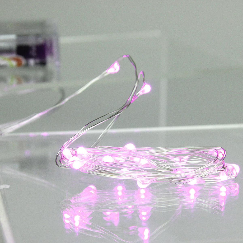 Set of 20 Battery Operated LED Pink Micro Rice Christmas Lights - Ultra Slim Silver Wire