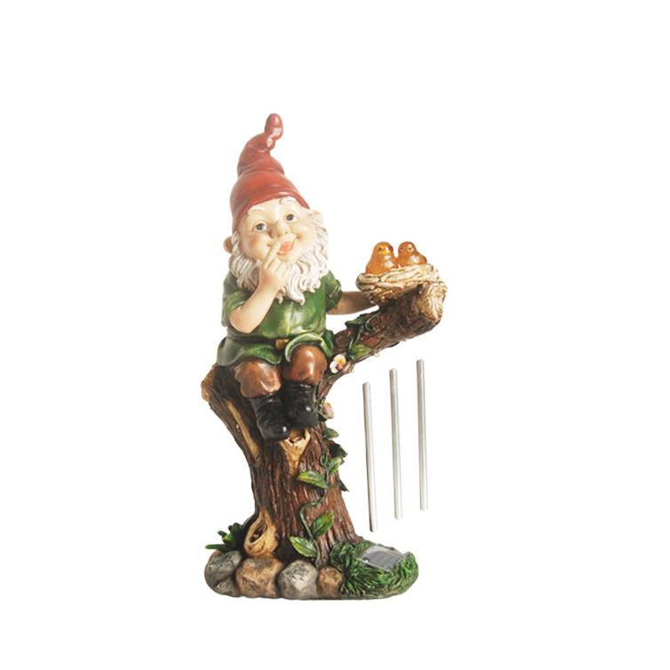 15.75" Forest Gnome w- Solar Powered LED Lighted Birds Outdoor Patio Garden Wind Chime Statue