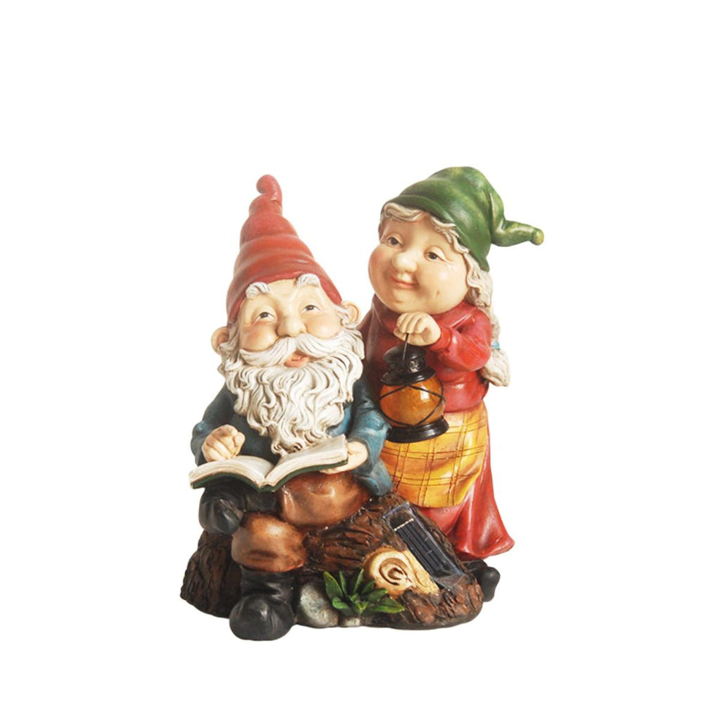 11.5" Reading Forest Gnome Couple w- Solar Powered LED Lighted Lantern Outdoor Patio Garden Statue