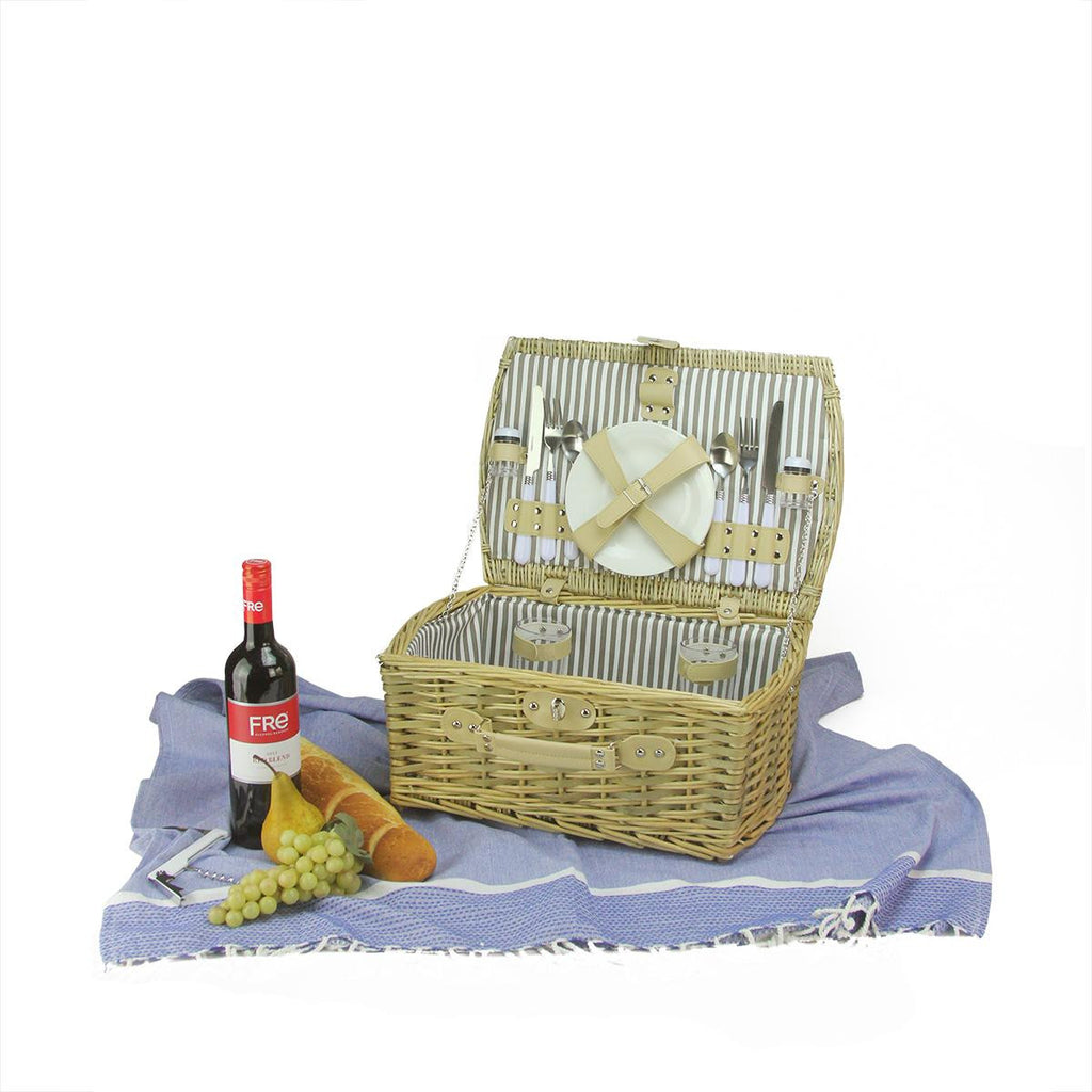 2-Person Hand Woven Warm Gray and Natural Willow Picnic Basket Set with Accessories