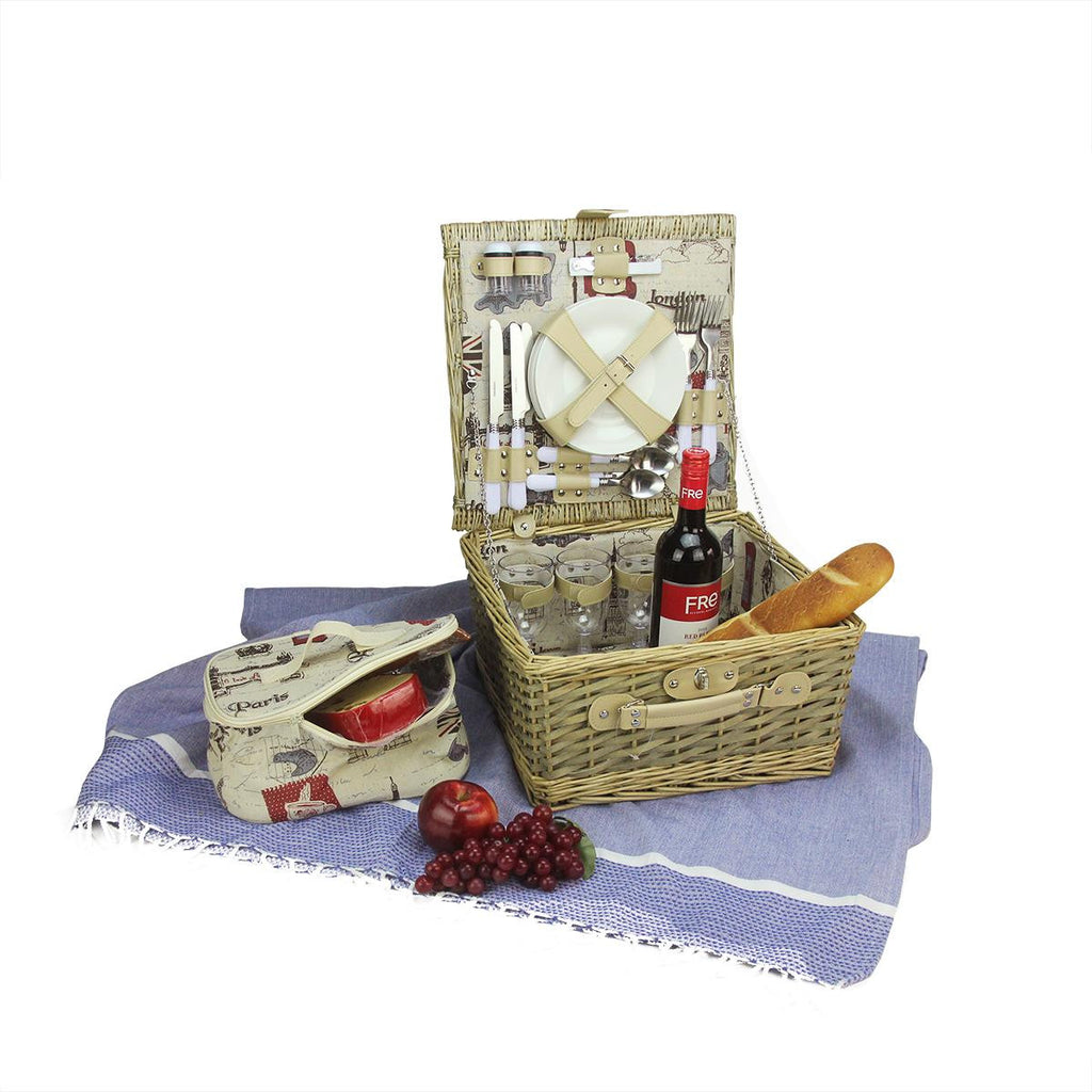 4-Person Hand Woven Warm Gray and Natural I love Paris Willow Picnic Basket Set with Accessories