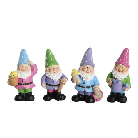 Set of 4 Purple, Green, Blue & Pink Miniature Whimsical Gardening Gnomes Outdoor Statuary Figures 2.5"