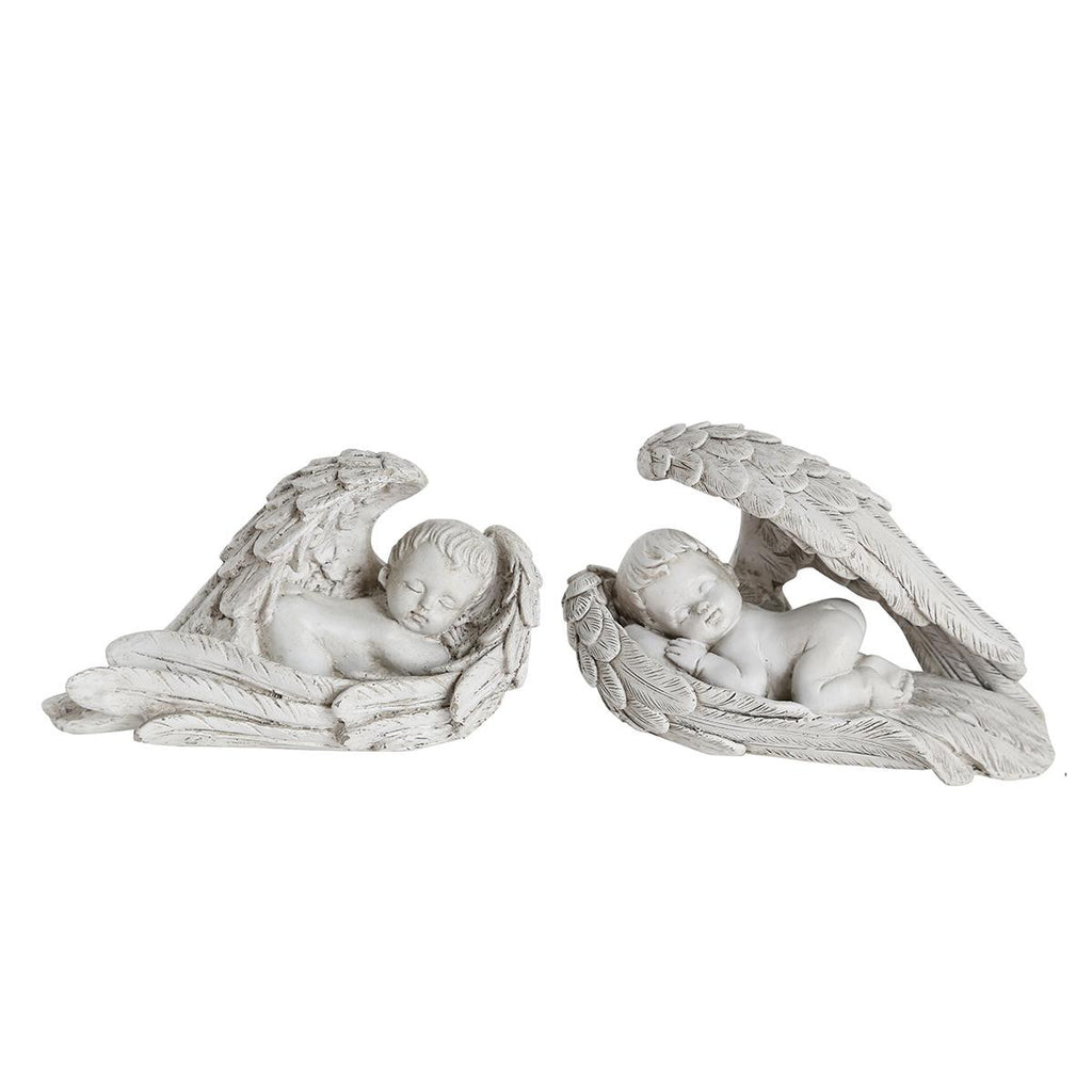 Set of 2 Weathered Gray Peaceful Sleeping Cherub Angels Inside Wings Outdoor Garden Statues 6"