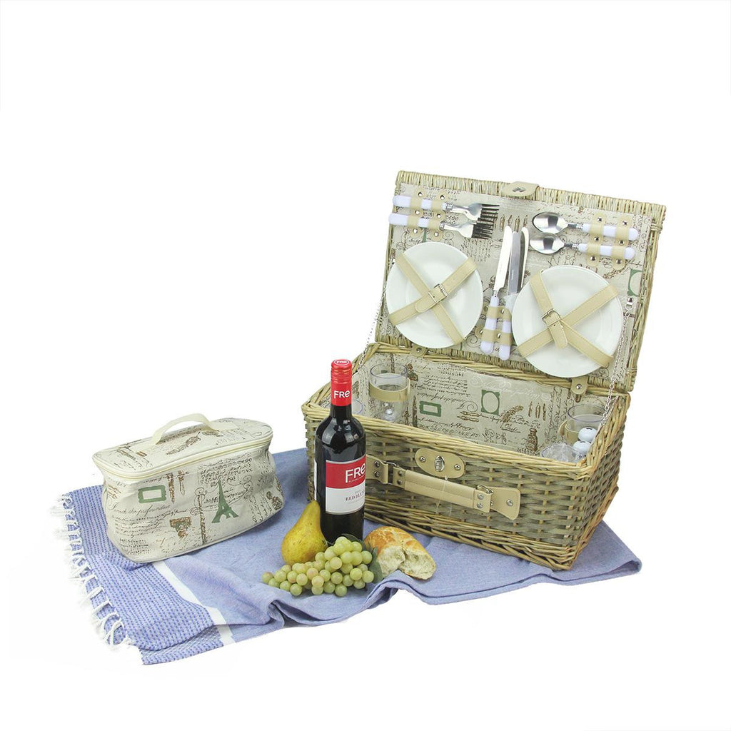 4-Person Hand Woven Scripted Graphical Warm Gray Natural Willow Picnic Basket Set with Accessories