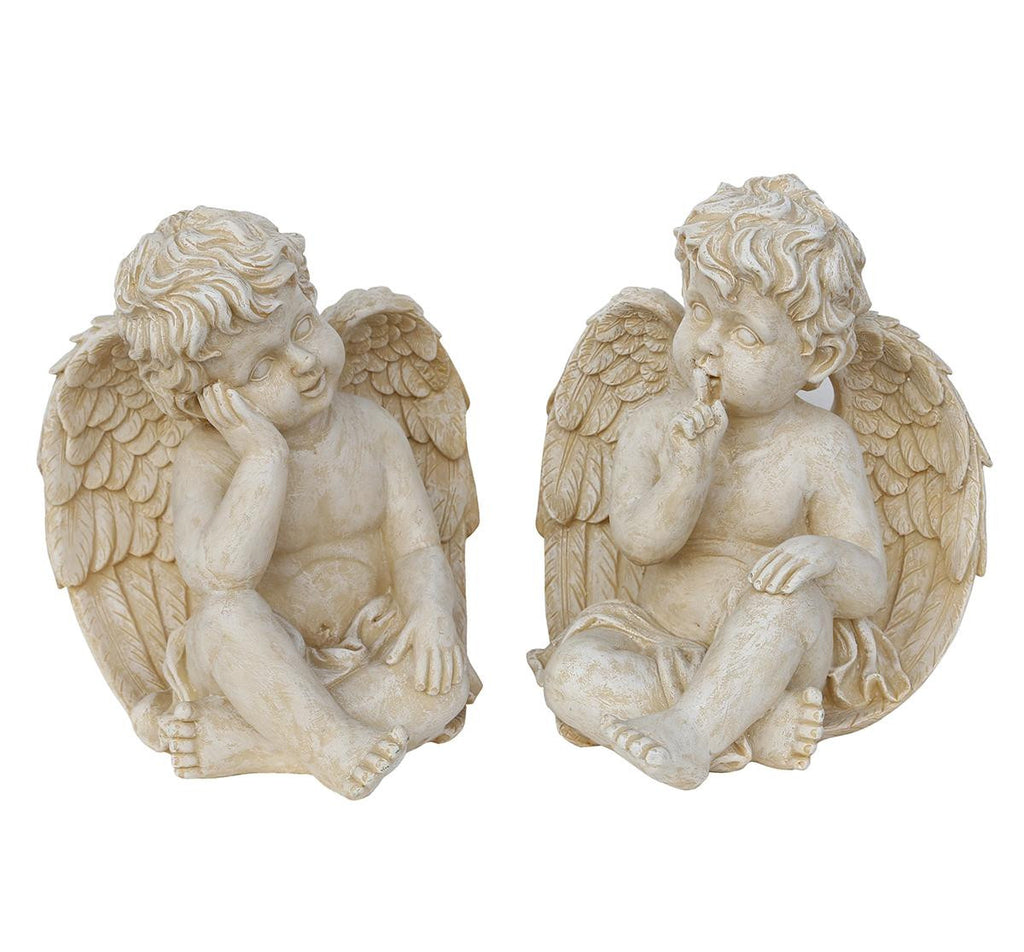 Set of 2 Weathered Stone Pensive Sitting Cherub Angel Outdoor Garden Statues 13"