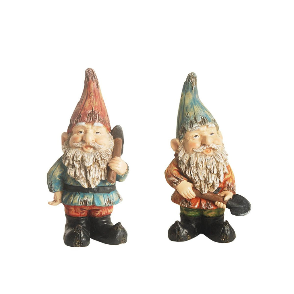 Set of 2 Distressed Blue and Burnt Orange Bearded Gardening Gnomes w- Tools Outdoor Statues