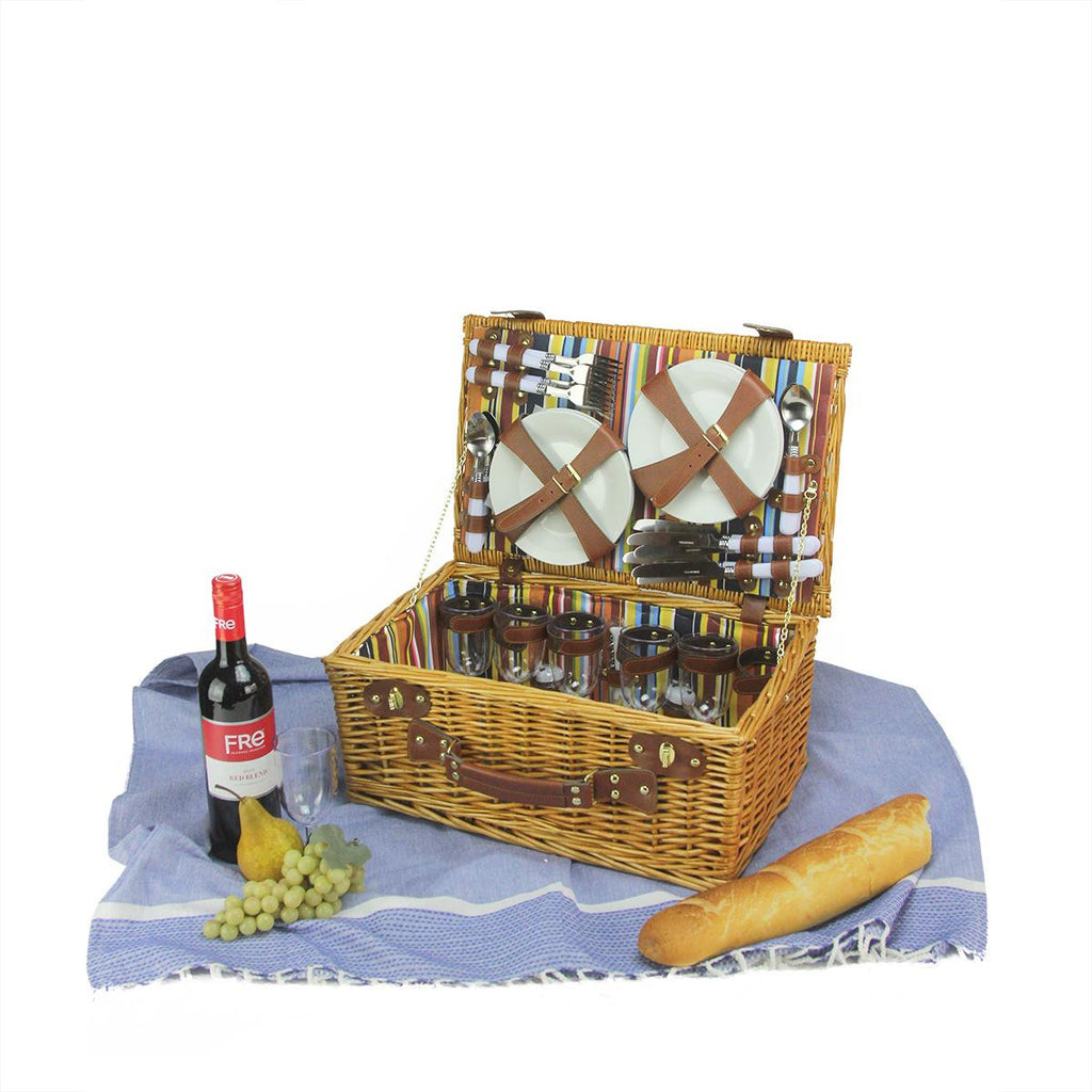 6-Person Hand Woven Honey Willow and Striped Picnic Basket Set with Accessories