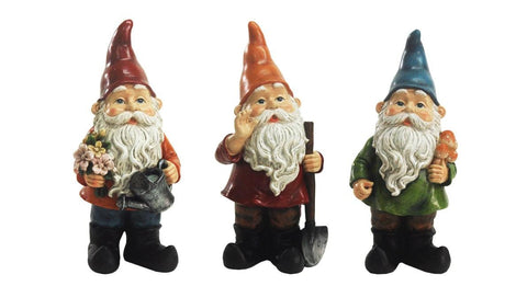 Set of 3 Distressed Bearded Gardening Gnomes w- Tools Outdoor Garden Patio Statues