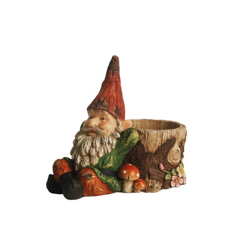 9.5" Weathered Green and Red Lounging Gnome Outdoor Garden Statue and Tree Stump Flower Planter