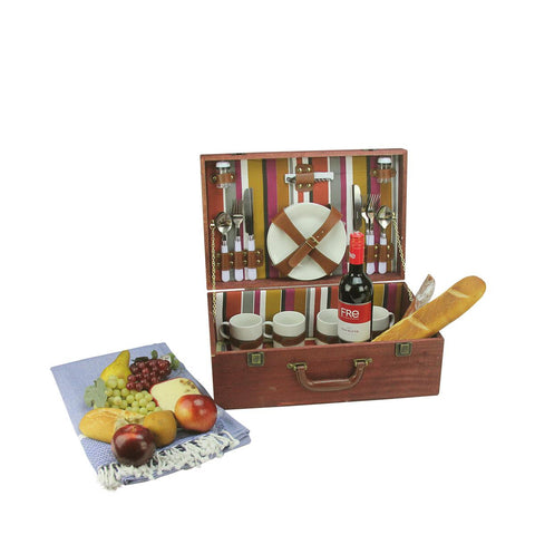 4-Person Hand Wooden Red Striped Picnic Basket Set with Accessories