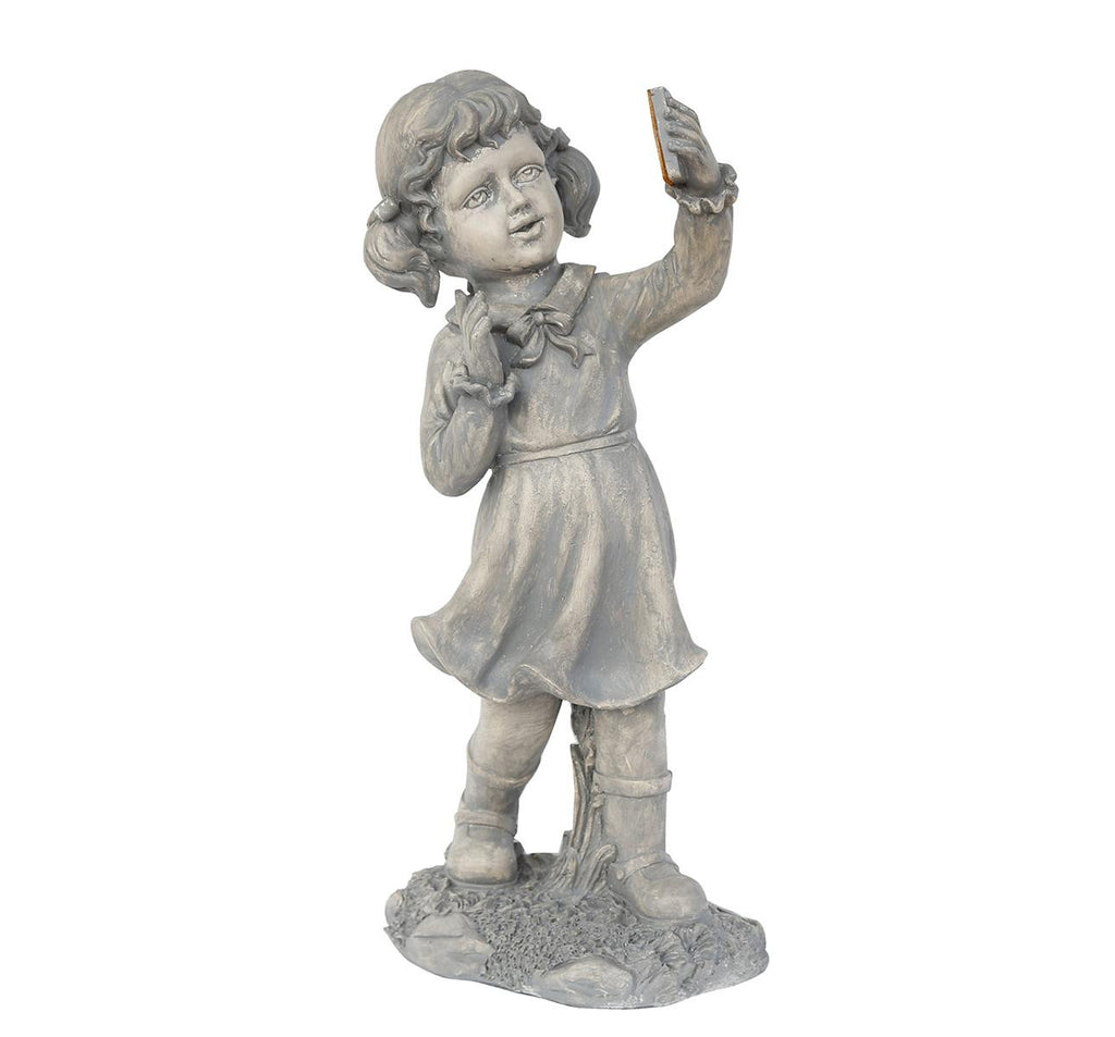 18" Distressed Gray Girl with Cell Phone Solar Powered LED Lighted Outdoor Patio Garden Statue