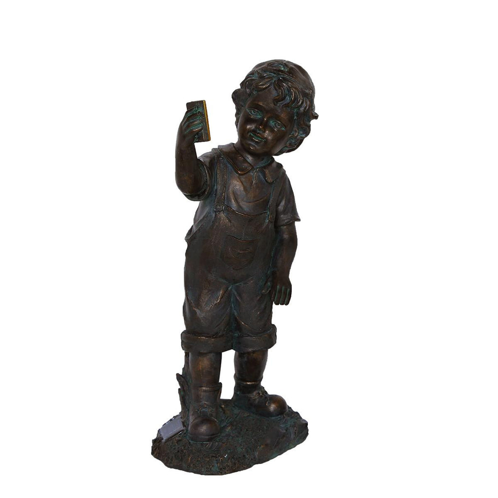 18" Distressed Black & Bronze Boy with Cell Phone Solar Powered LED Lighted Outdoor Patio Garden Statue