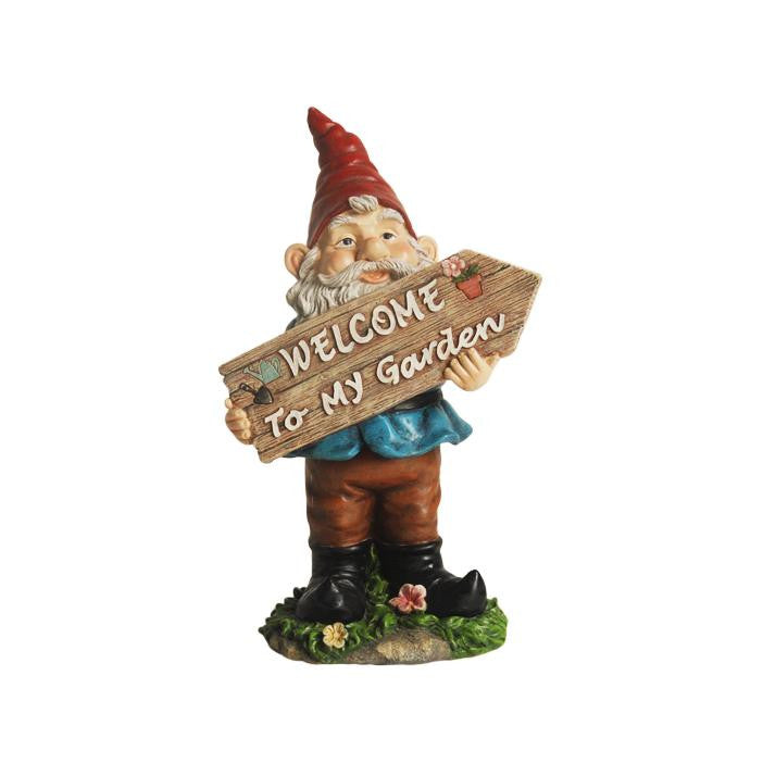 15" Bobble Gnome Holding "Welcome To My Garden" Sign Outdoor Patio Garden Statue