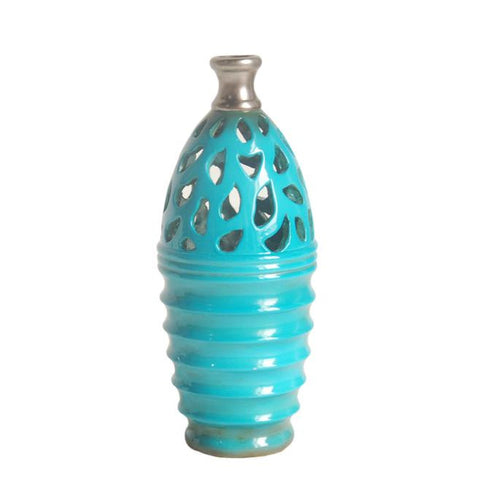 11.25" Cerulean Blue and Gray Decorative Outdoor Patio Cutout Vase