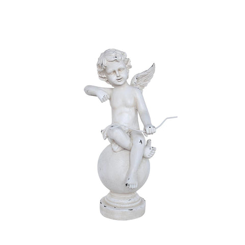 21" Distressed Ivory Cherub Angel w- Bow on Spherical Pillar Outdoor Patio Garden Statue