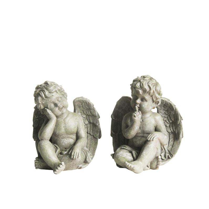 Set of 2 Distressed Gainsboro Gray Sitting Cherub Angels Outdoor Patio Garden Statues