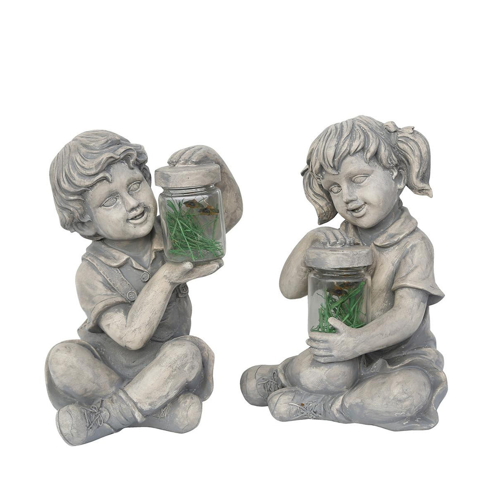 Set of 2 Distressed Gray Boy and Girl with Fireflies Outdoor Garden Statues 12"