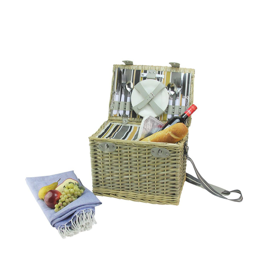 4-Person Hand Woven Warm Gray and Natural Willow Insulated Picnic Basket Set with Accessories