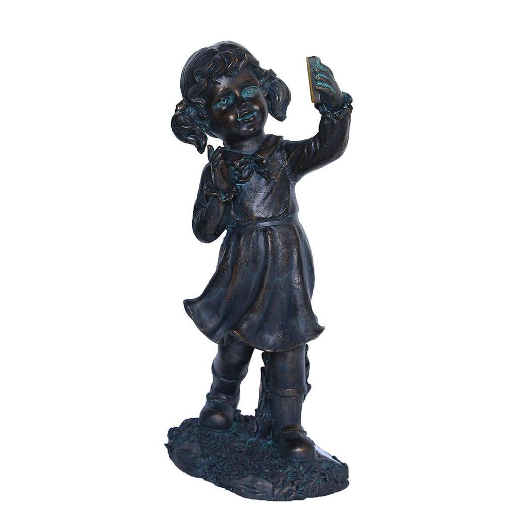 18" Distressed Black & Bronze Girl with Cell Phone Solar Powered LED Lighted Outdoor Patio Garden Statue