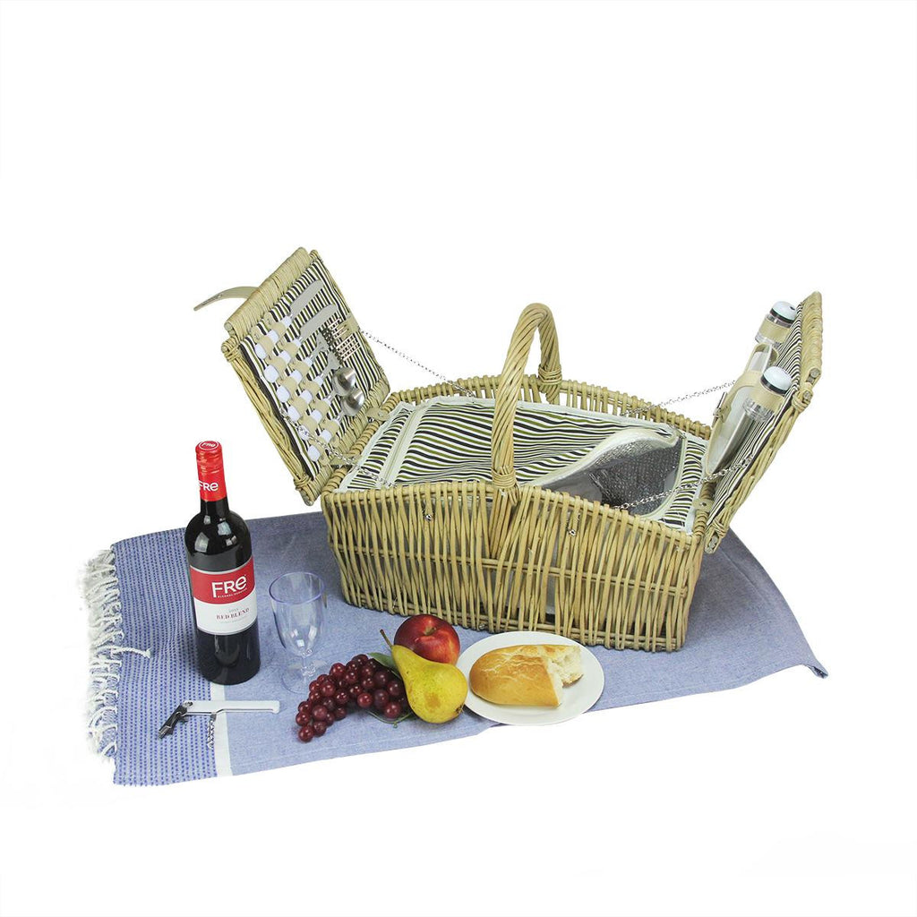 2-Person Hand Woven Warm Gray and Natural Willow Insulated Picnic Basket Set with Accessories