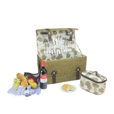 4-Person Hand Woven Wheat and Raw Umber Brown Picnic Basket Set with Accessories