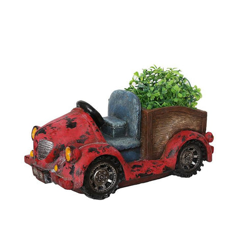 14.5" Distressed Red Vintage Car LED Lighted Solar Powered Outdoor Garden Patio Planter